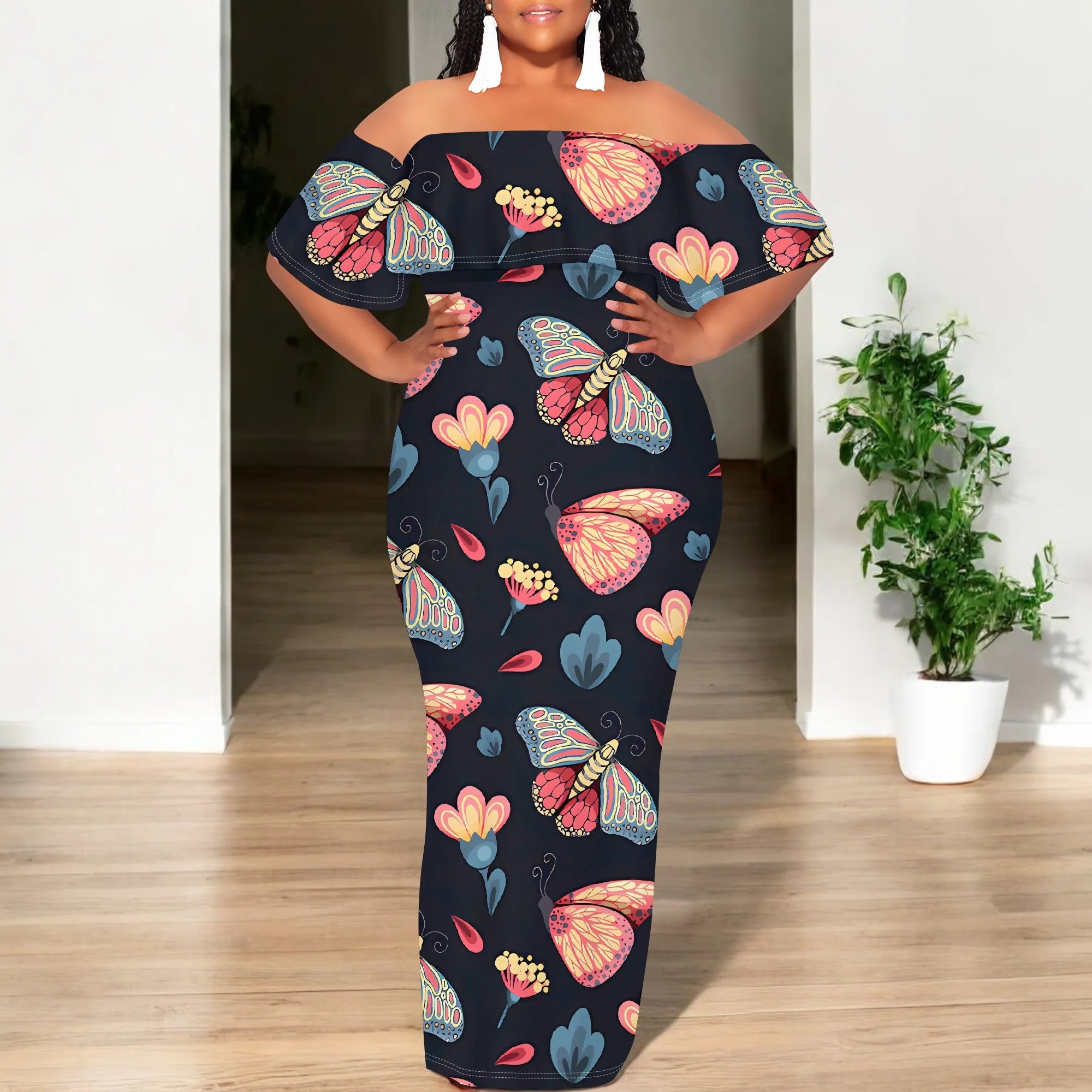 Women's Fashion 2025 Spring/Summer New Customized Casual Loose Swing Collar Printed Butterfly Beach Dress