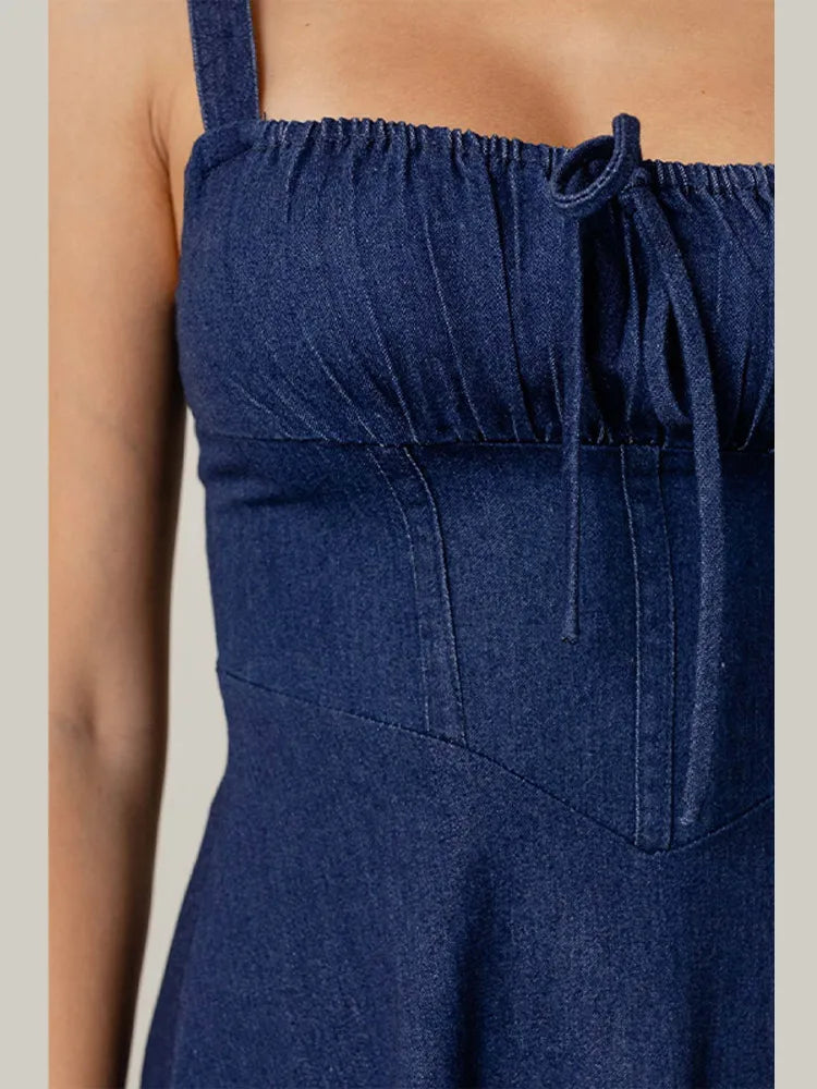 Summer New Women's Backless Denim Wrap Dress Off Shoulder Cowgirl Long Dresses With Tie Waist Ruffles Casual Daily Clothing
