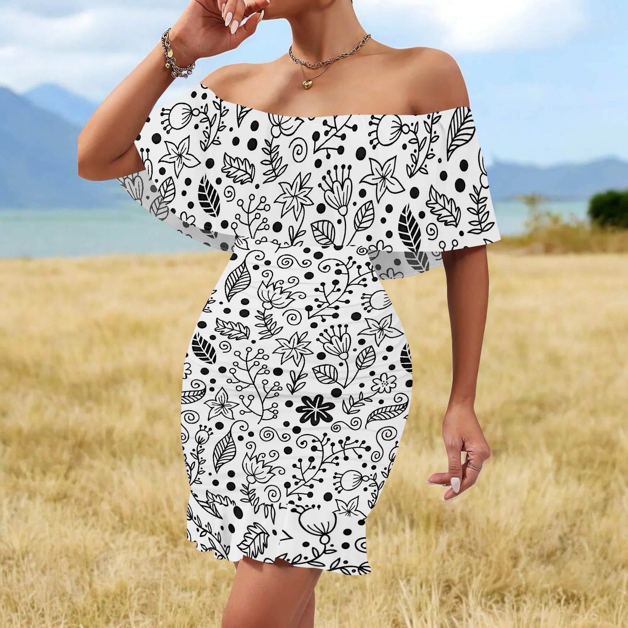 Women's 2025 Spring/Summer New Customized Casual Loose Swinging Collar Shoulder Printed Flower Strap Dress