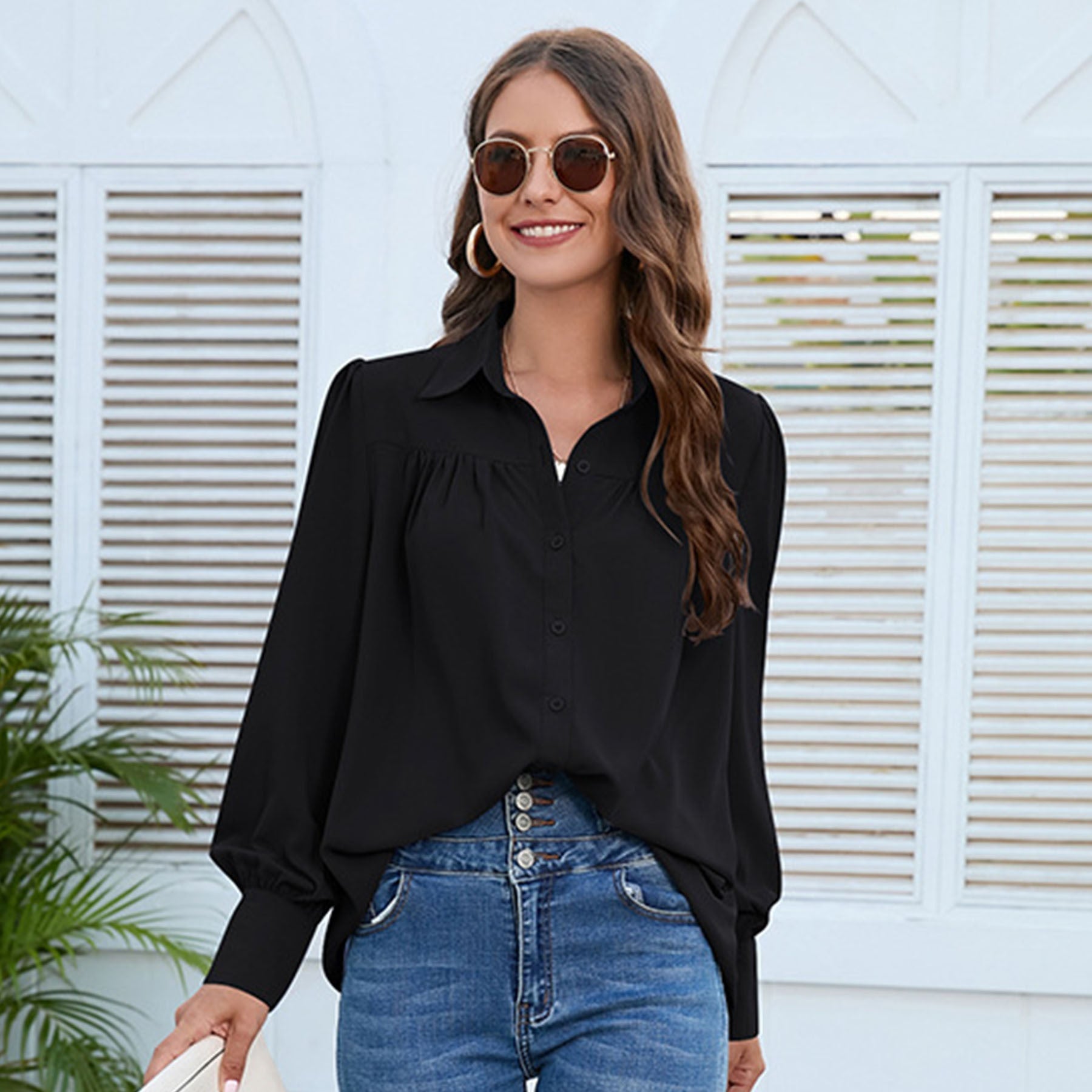 Women's Solid Color Simple Chiffon Pleated Long-sleeved Shirt