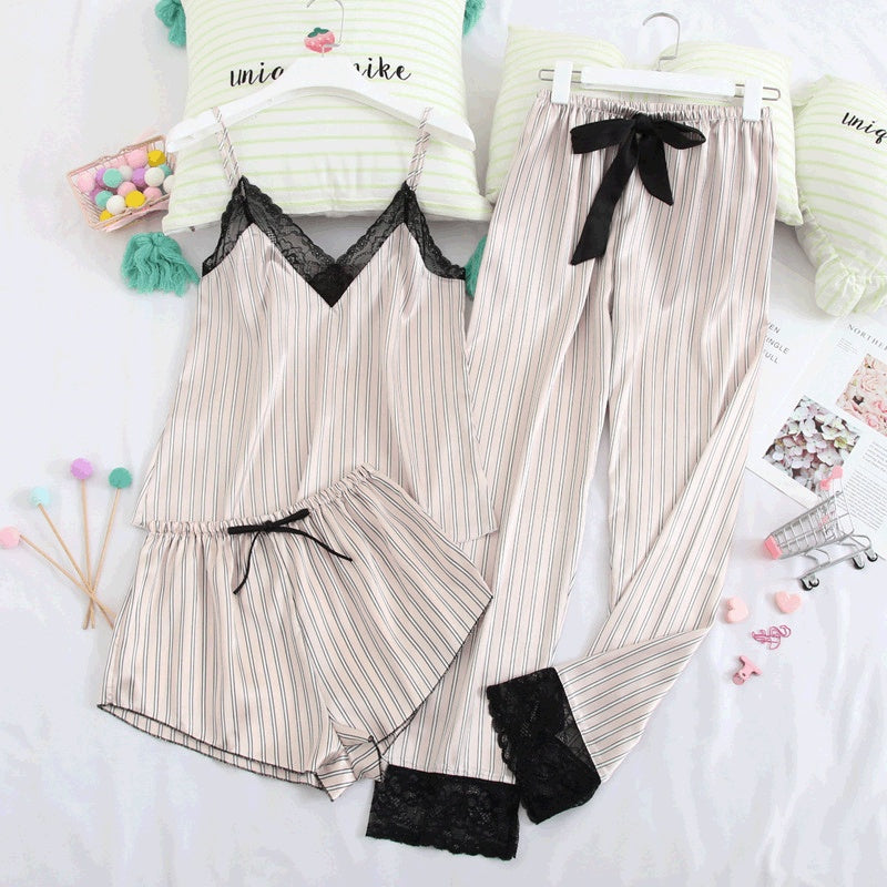 Thin Sling Home Pajamas Set Spring And Summer Three-Piece Pajamas Ladies V-Neck Silk Casual Home Wear Europe And America