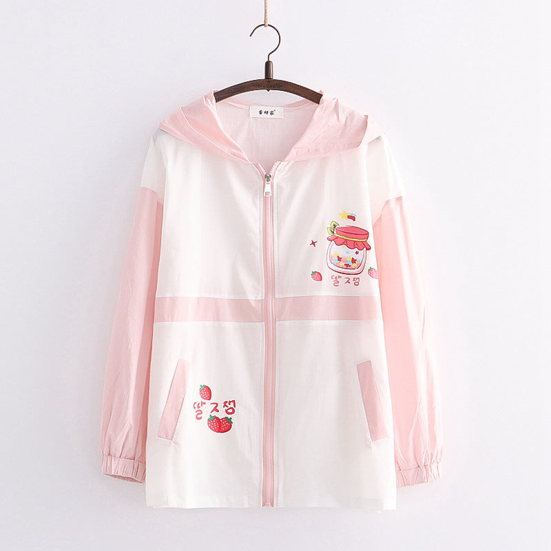 College Style New Strawberry Bottle Print Hooded Jacket Sunscreen Shirt Wearing Clothes Tide