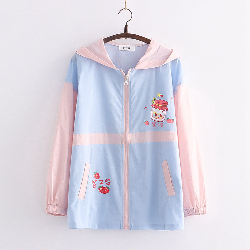 College Style New Strawberry Bottle Print Hooded Jacket Sunscreen Shirt Wearing Clothes Tide