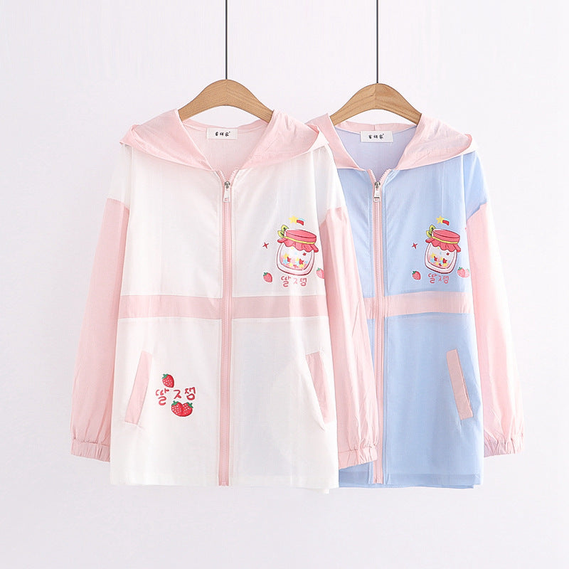 College Style New Strawberry Bottle Print Hooded Jacket Sunscreen Shirt Wearing Clothes Tide
