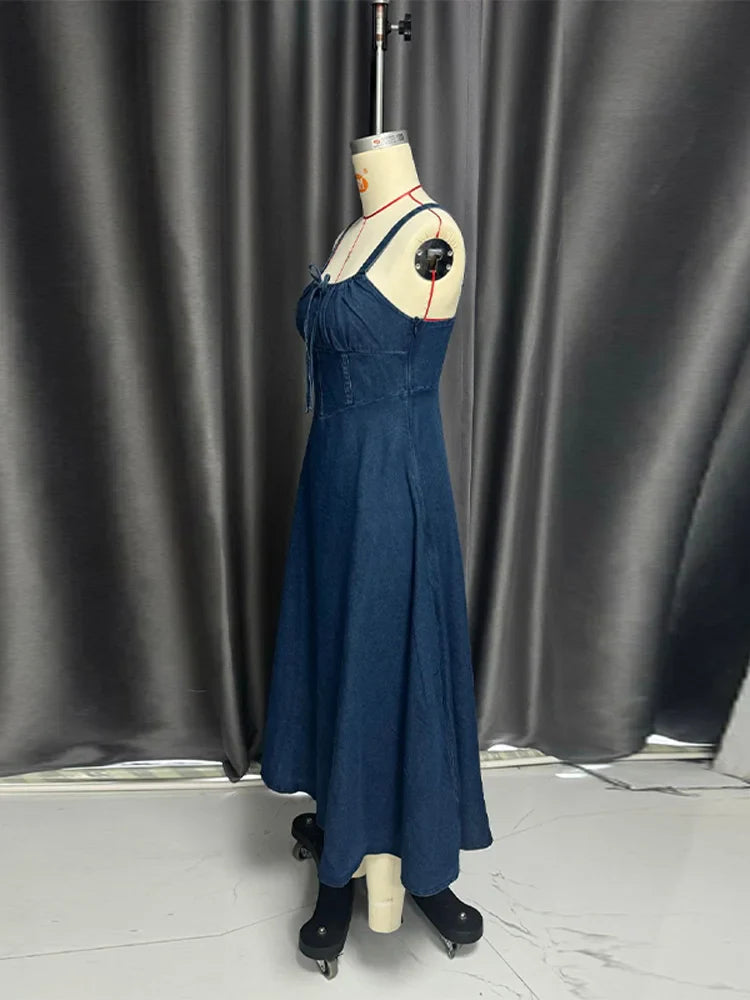 Summer New Women's Backless Denim Wrap Dress Off Shoulder Cowgirl Long Dresses With Tie Waist Ruffles Casual Daily Clothing