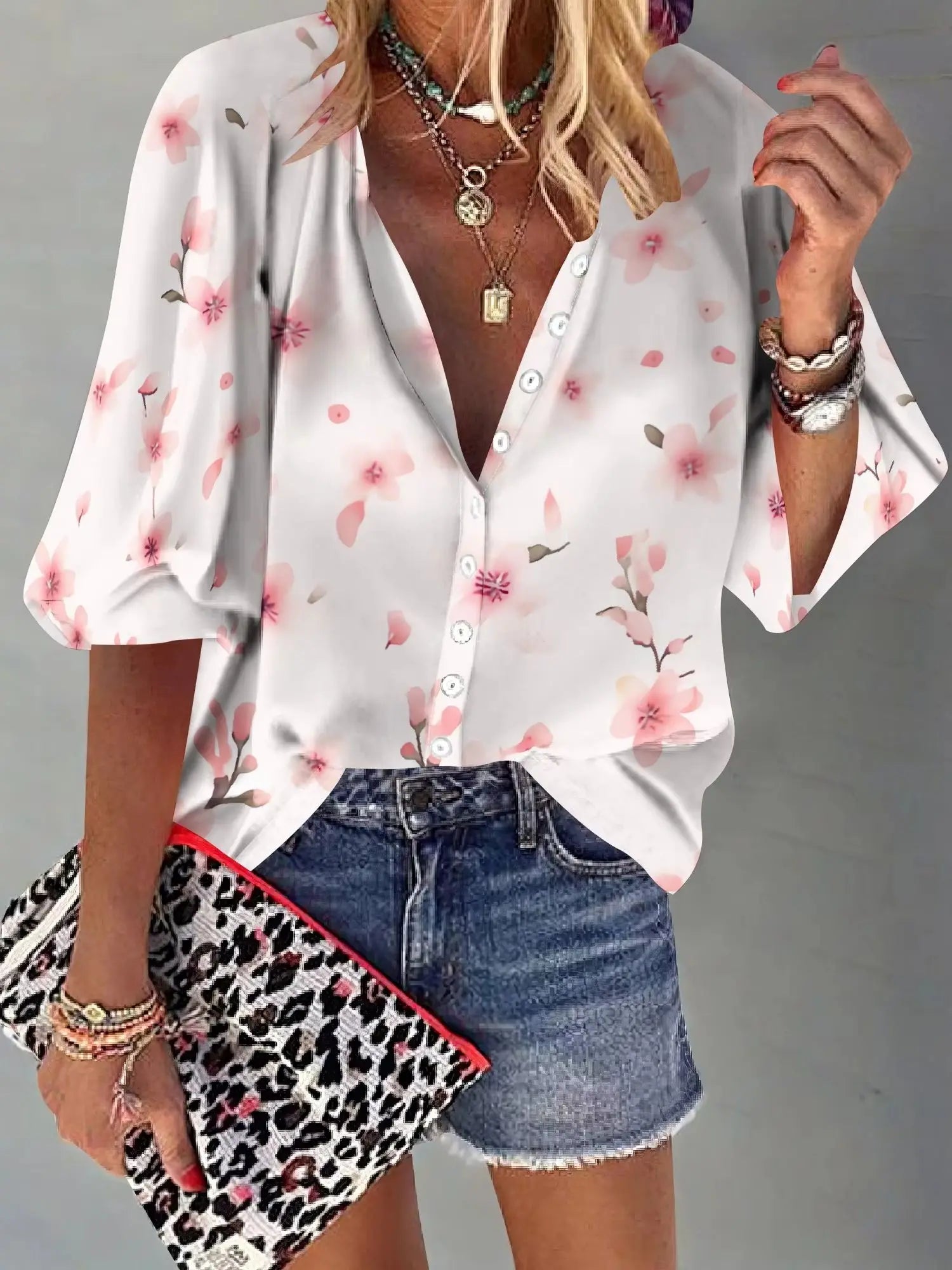 Womens Summer Petite Pink Flower Graphics Blouse Casual Short Sleeve V Neck Shirt Loose Printed Cuffed Sleeve Flower Tops