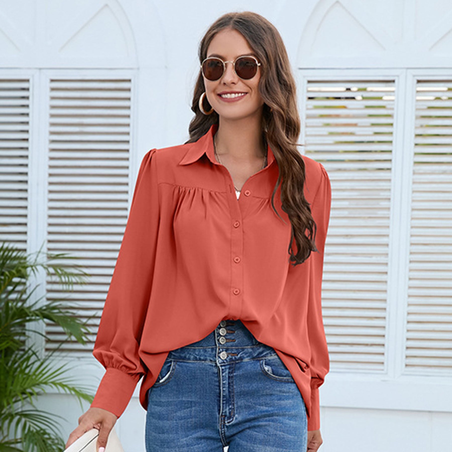Women's Solid Color Simple Chiffon Pleated Long-sleeved Shirt