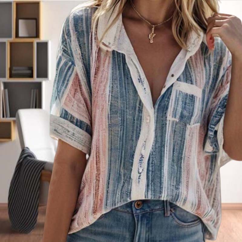 Women's Summer Temperament Contrast Color Striped Shirt