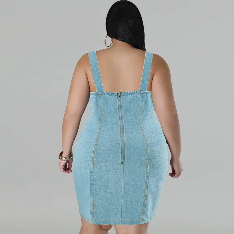 Europe and America Street Trend Women's Plus Size Denim Halter Dress, Summer New Fringe Sleeveless Slim-fit Short Denim Dresses