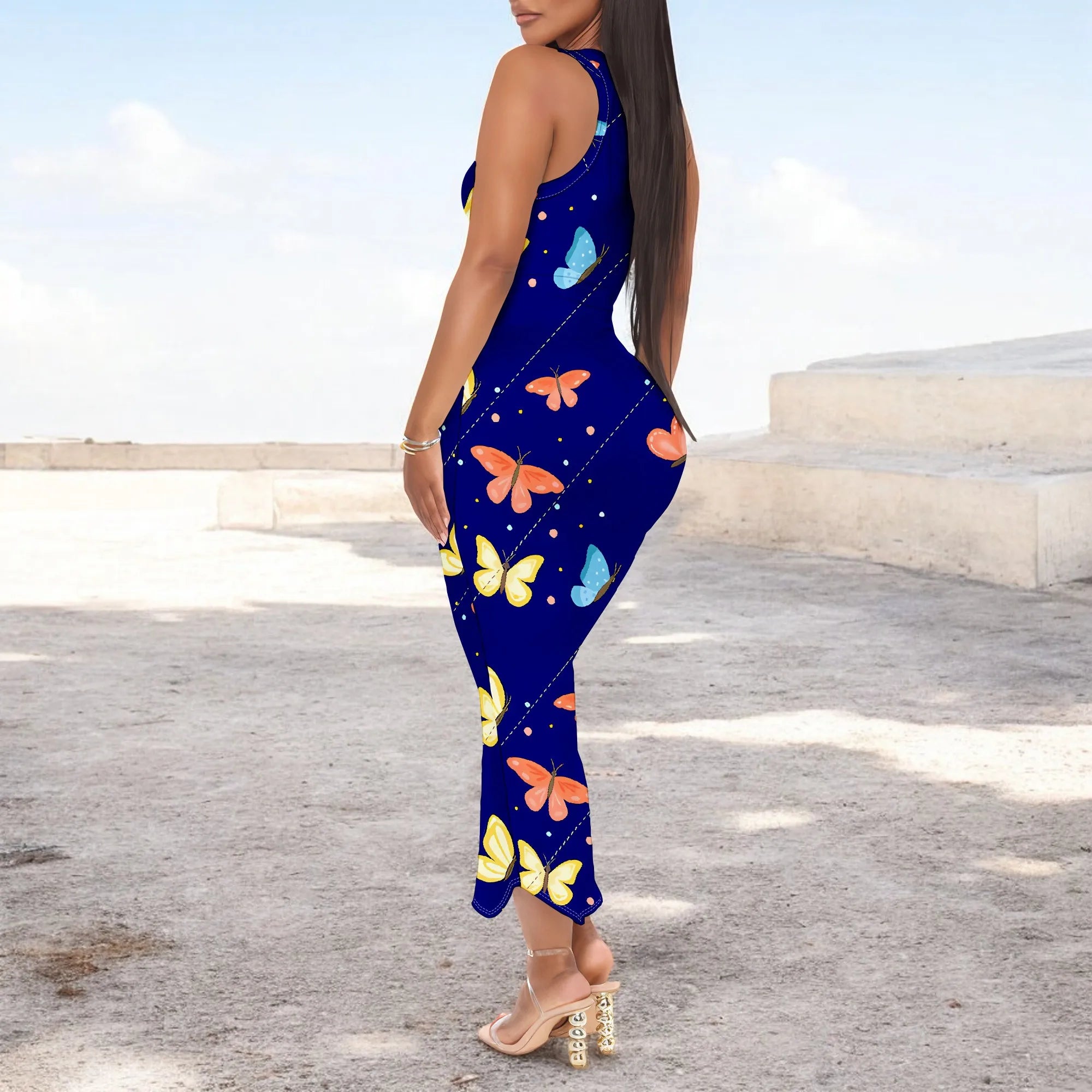 Women's 2025 spring and summer sleeveless knee length dress with hollowed out pullover, butterfly print beach casual dress