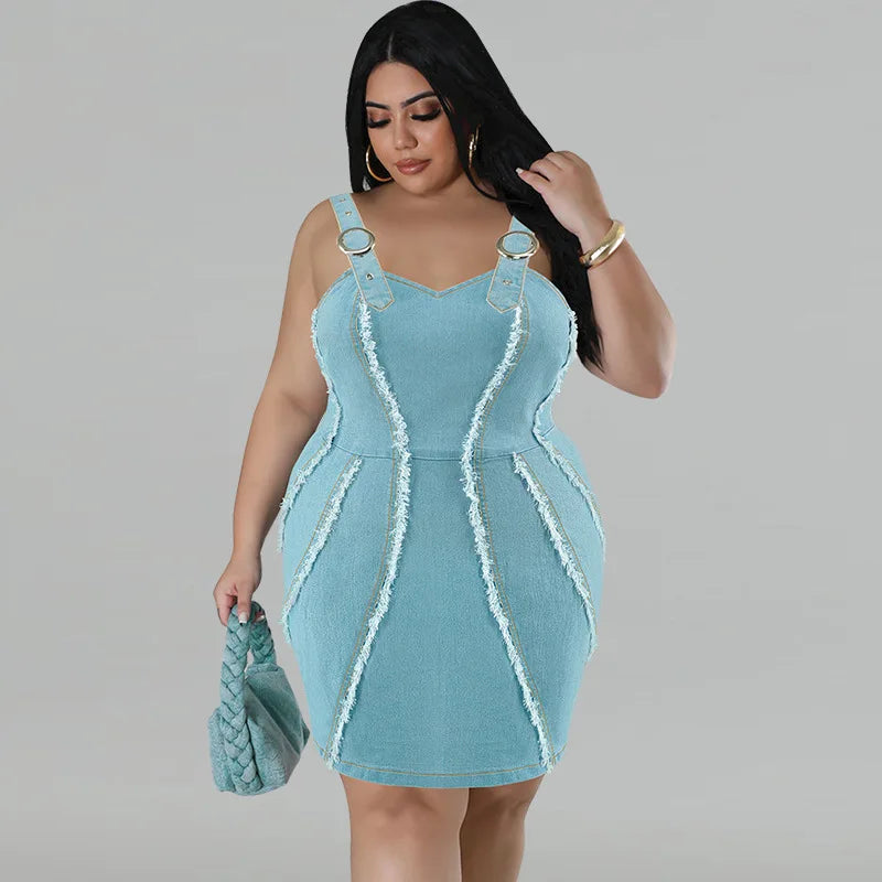 Europe and America Street Trend Women's Plus Size Denim Halter Dress, Summer New Fringe Sleeveless Slim-fit Short Denim Dresses