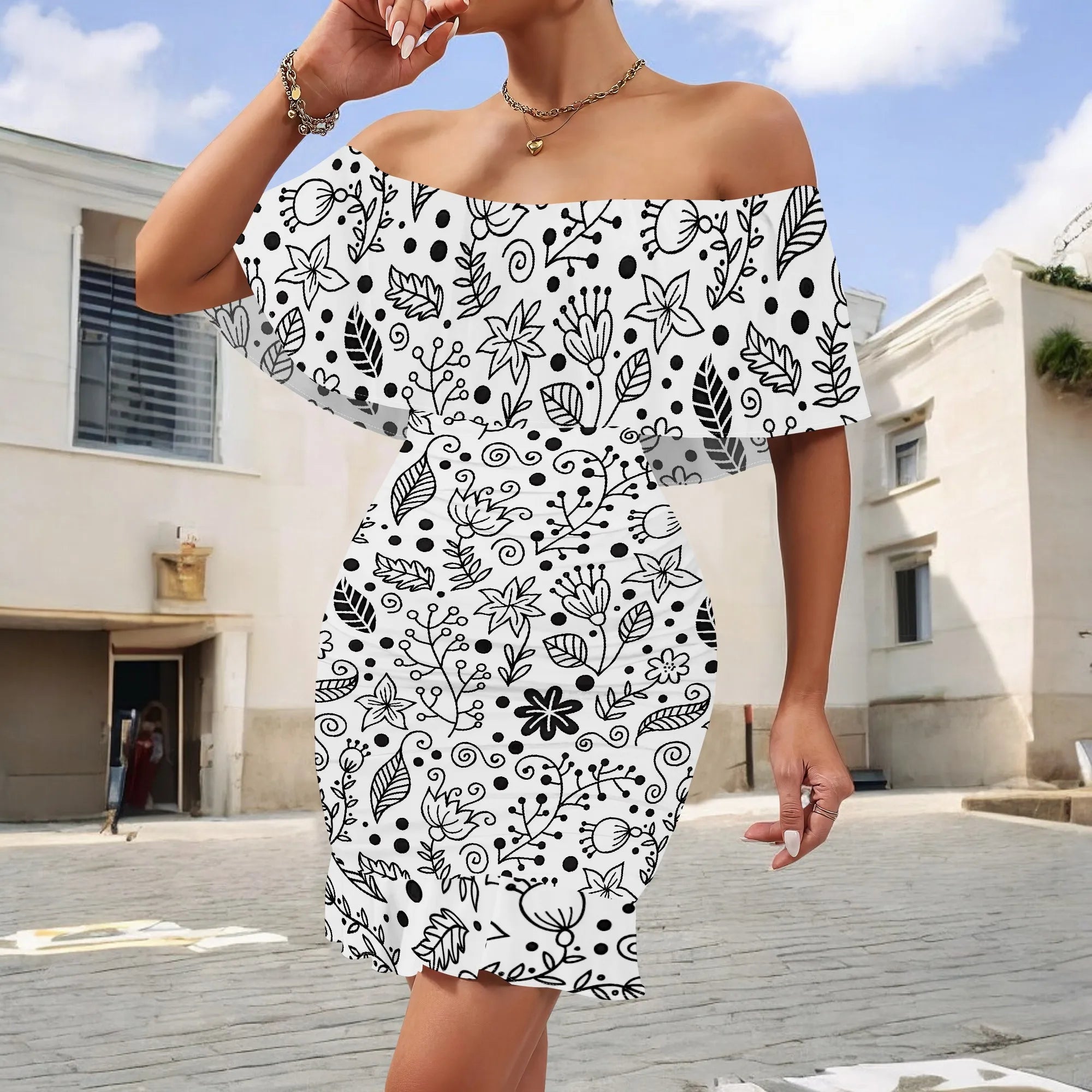 Women's 2025 Spring/Summer New Customized Casual Loose Swinging Collar Shoulder Printed Flower Strap Dress