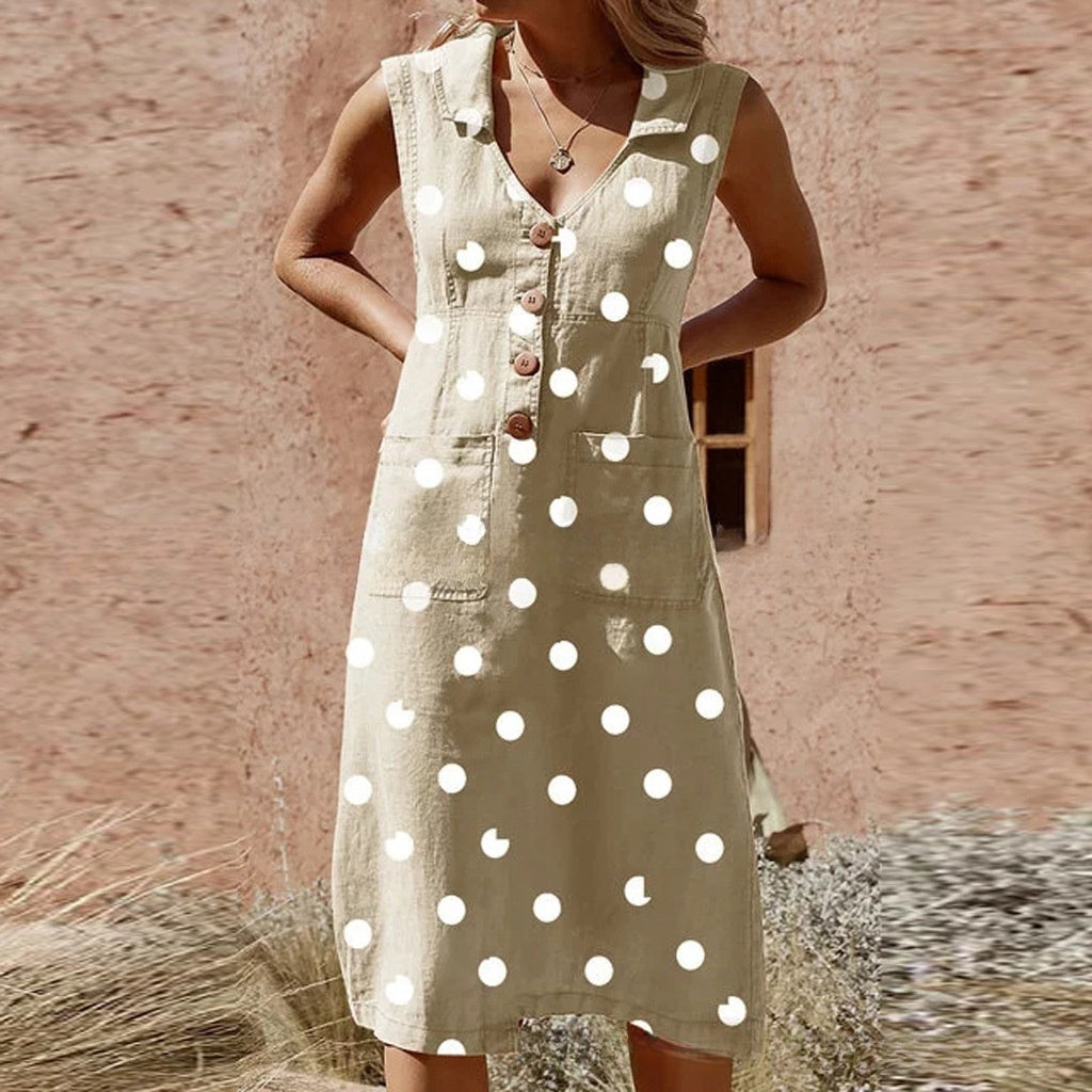 Women's Casual Polka Dot Print Button Lapel Dress