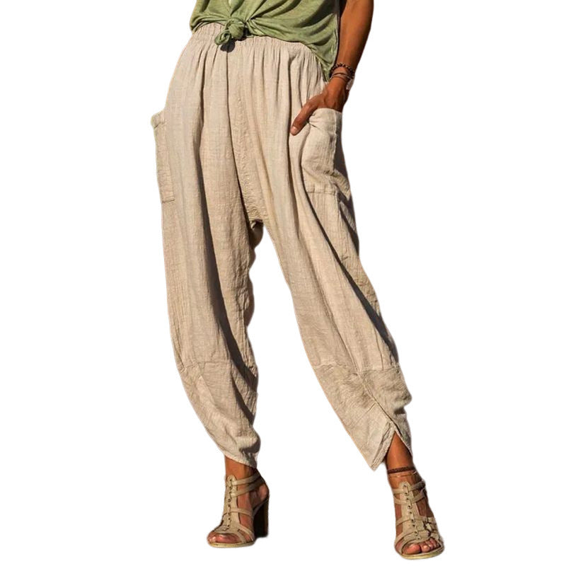 Women's Casual Bloomers Loose Cotton And Linen Trousers