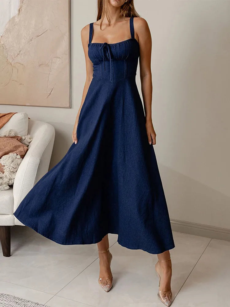 Summer New Women's Backless Denim Wrap Dress Off Shoulder Cowgirl Long Dresses With Tie Waist Ruffles Casual Daily Clothing