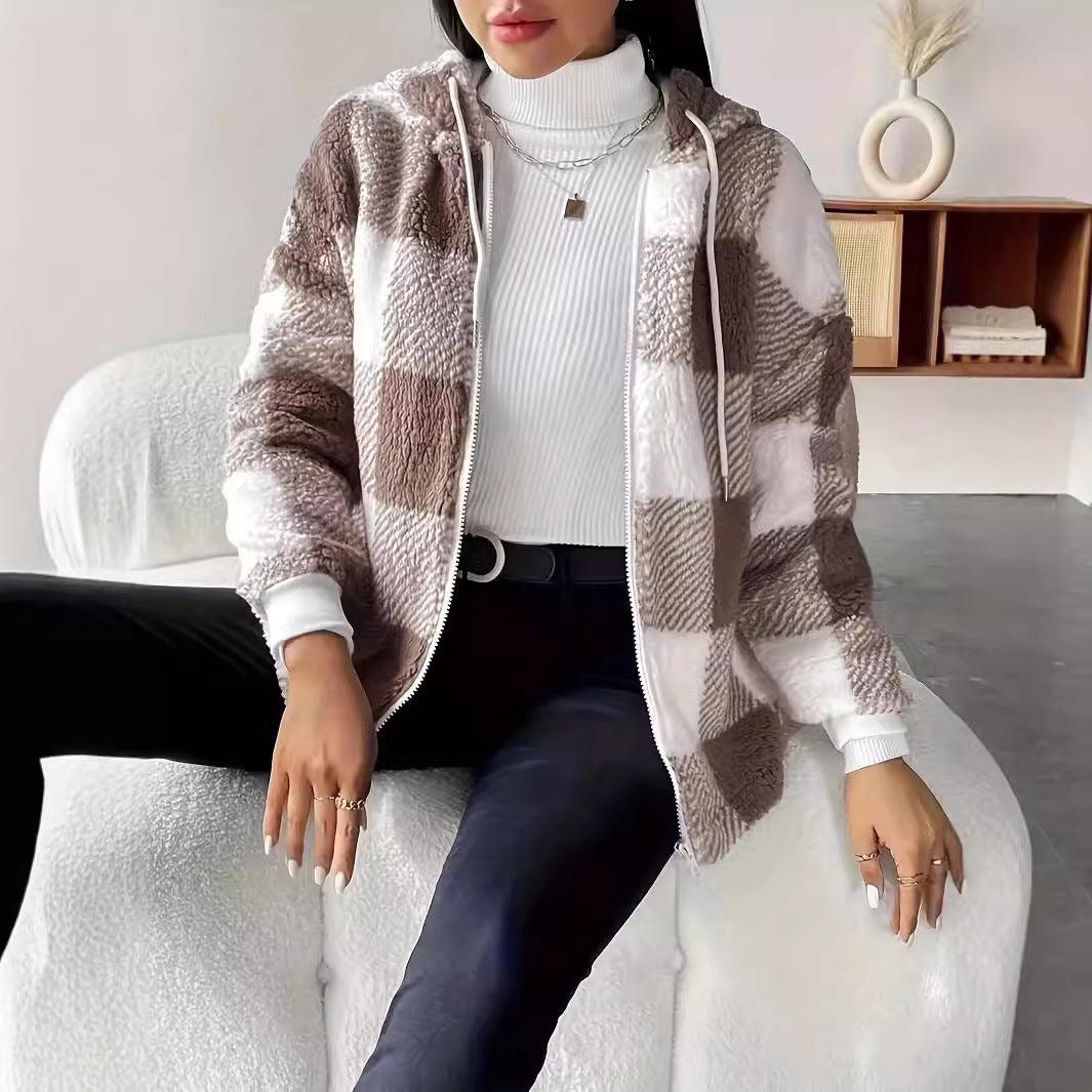 Elegant Plaid Loose Casual Long Sleeves Hooded