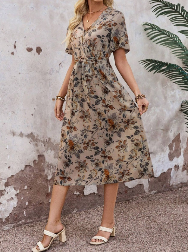 Summer Print Long Belt A-line Dress