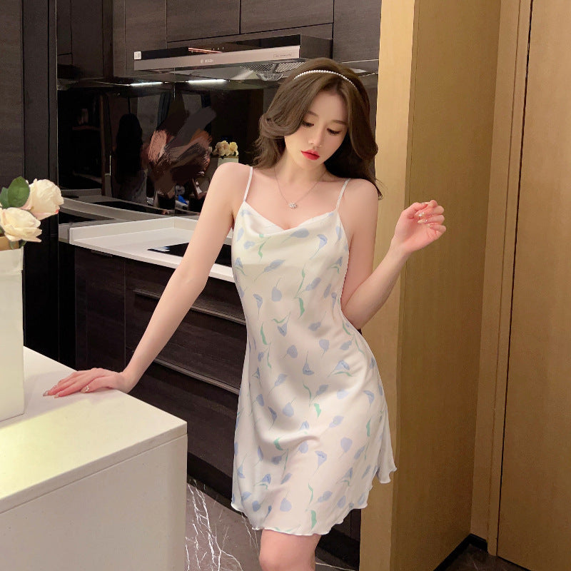 Women's Ice Silk Printed Imitation Silk Sling Sleeping Dress Thin Style