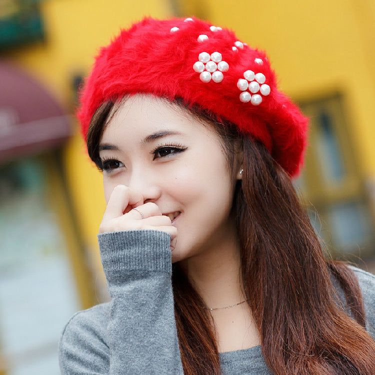 Women's Winter Korean Hats Trendy Pearl Rabbit Fur