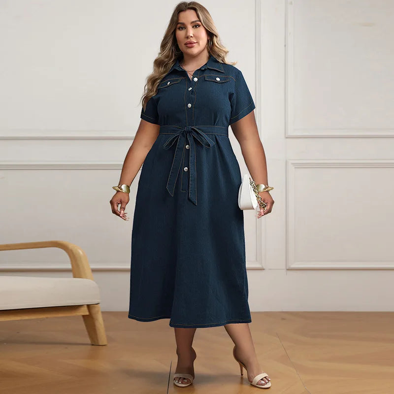 Women's Plus-size Denim Short-sleeved Dress, New Spring and Summer Fresh Sweet Style Lapel Anterior Thoracotomy Dress with Belt
