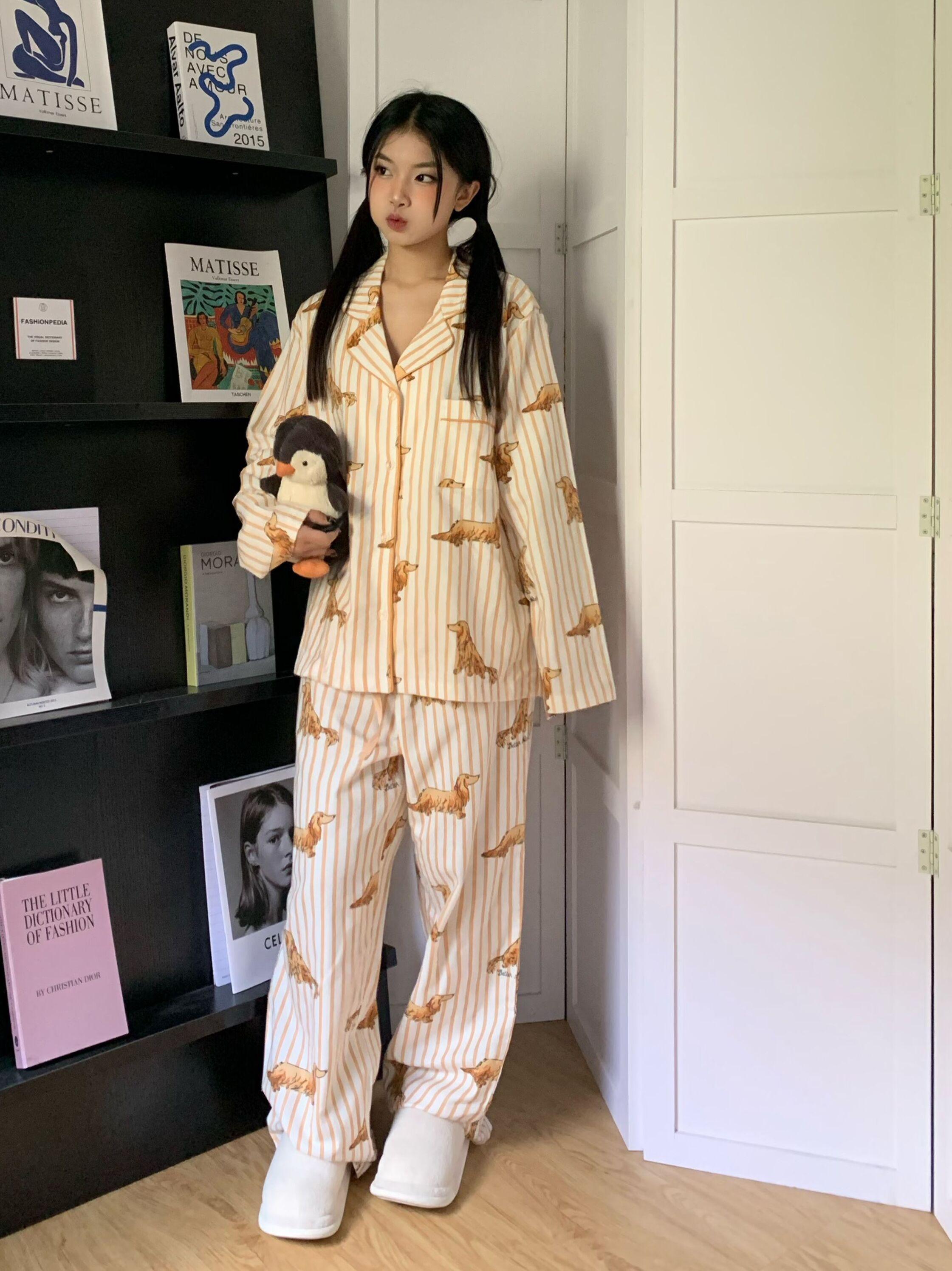 Cute Puppy Printed Long-sleeved Pajamas Trousers Home Wear Two-piece Set