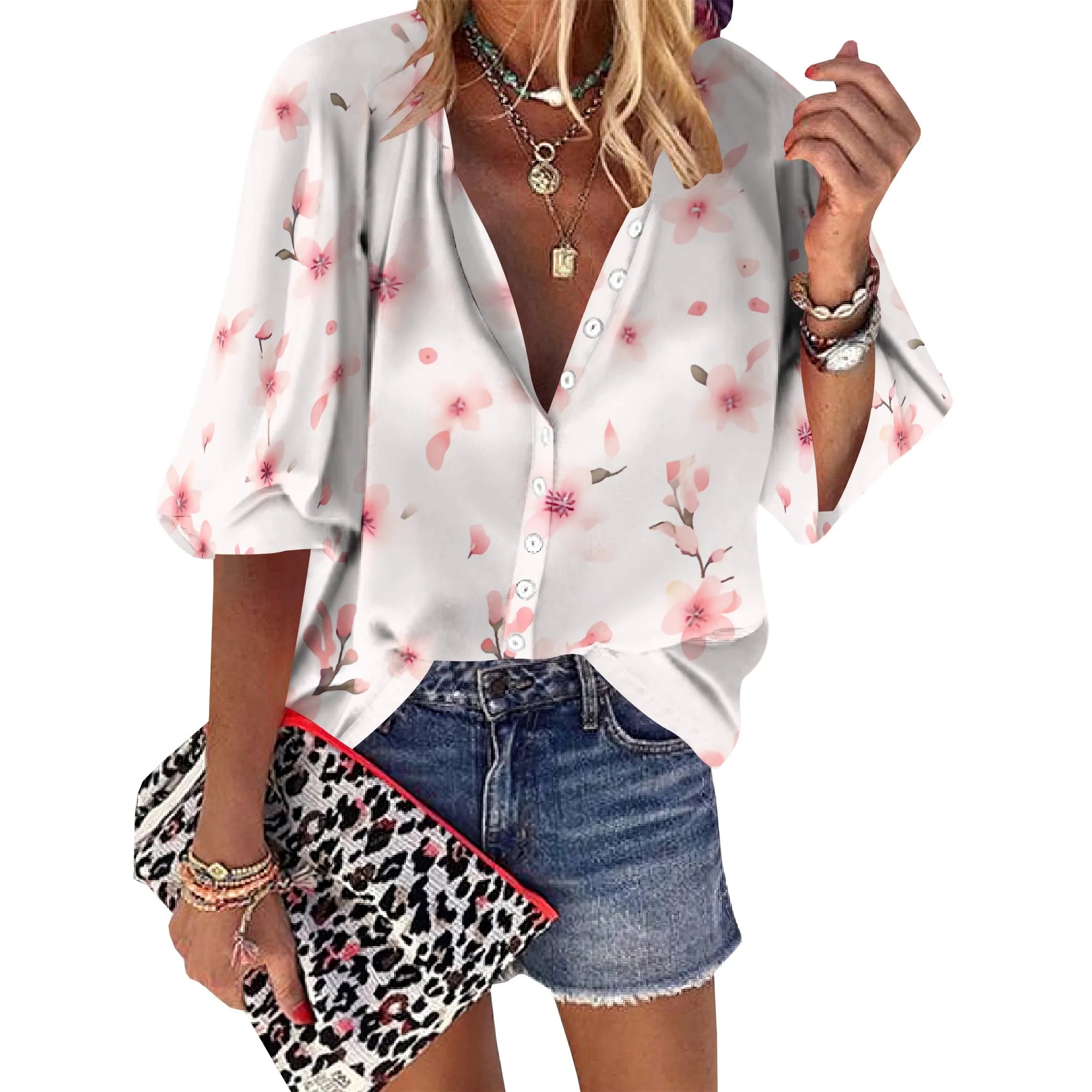 Womens Summer Petite Pink Flower Graphics Blouse Casual Short Sleeve V Neck Shirt Loose Printed Cuffed Sleeve Flower Tops