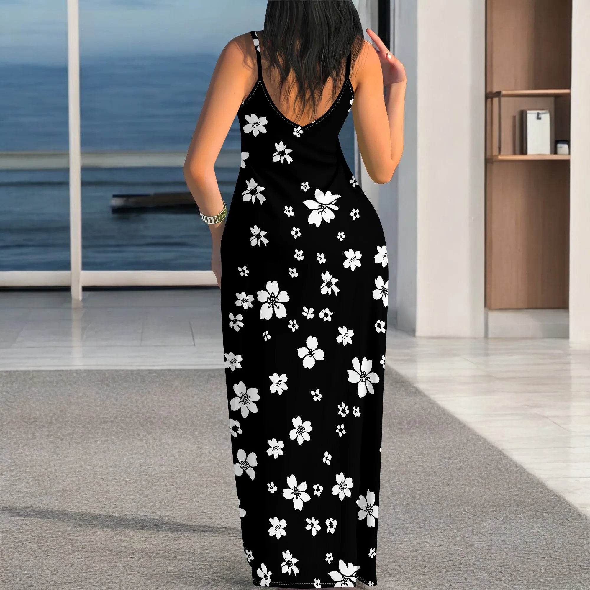 Women's 2025 spring and summer sleeveless knee length dress with hollowed out pullover, butterfly print beach casual dress