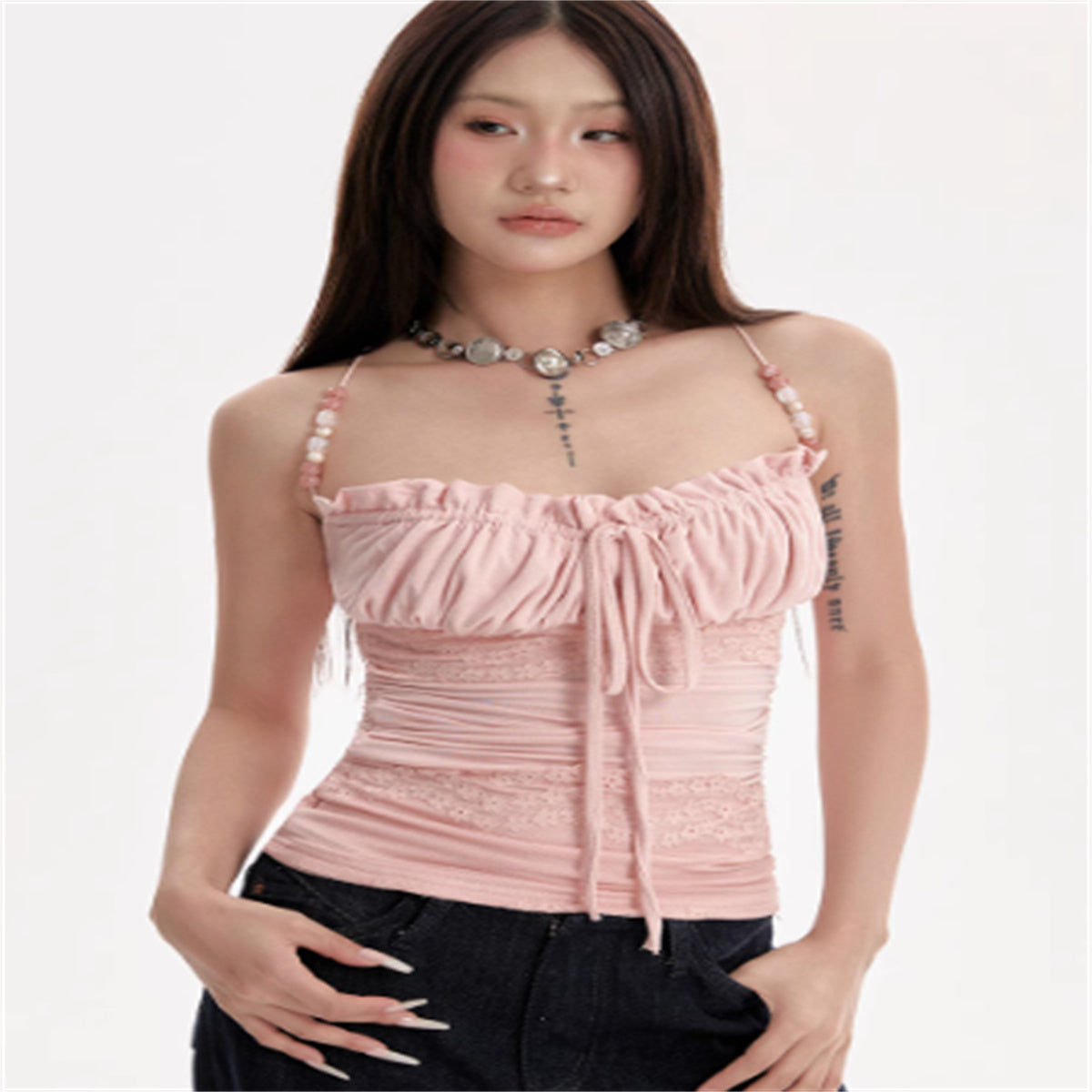 Women's Pink Beaded Shoulder Strap Camisole