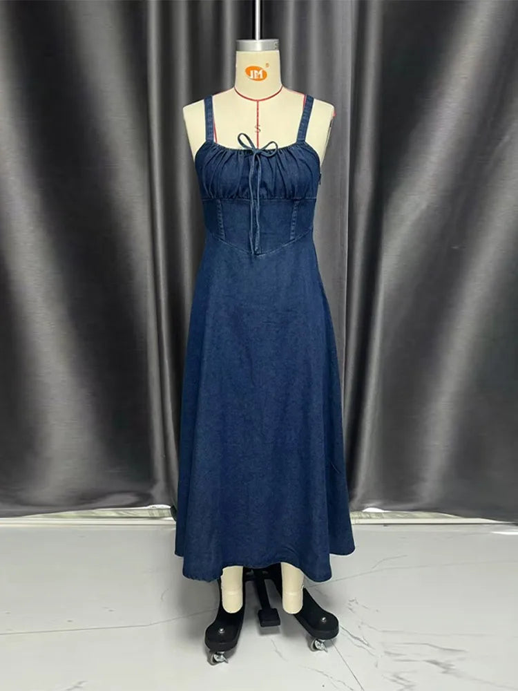 Summer New Women's Backless Denim Wrap Dress Off Shoulder Cowgirl Long Dresses With Tie Waist Ruffles Casual Daily Clothing
