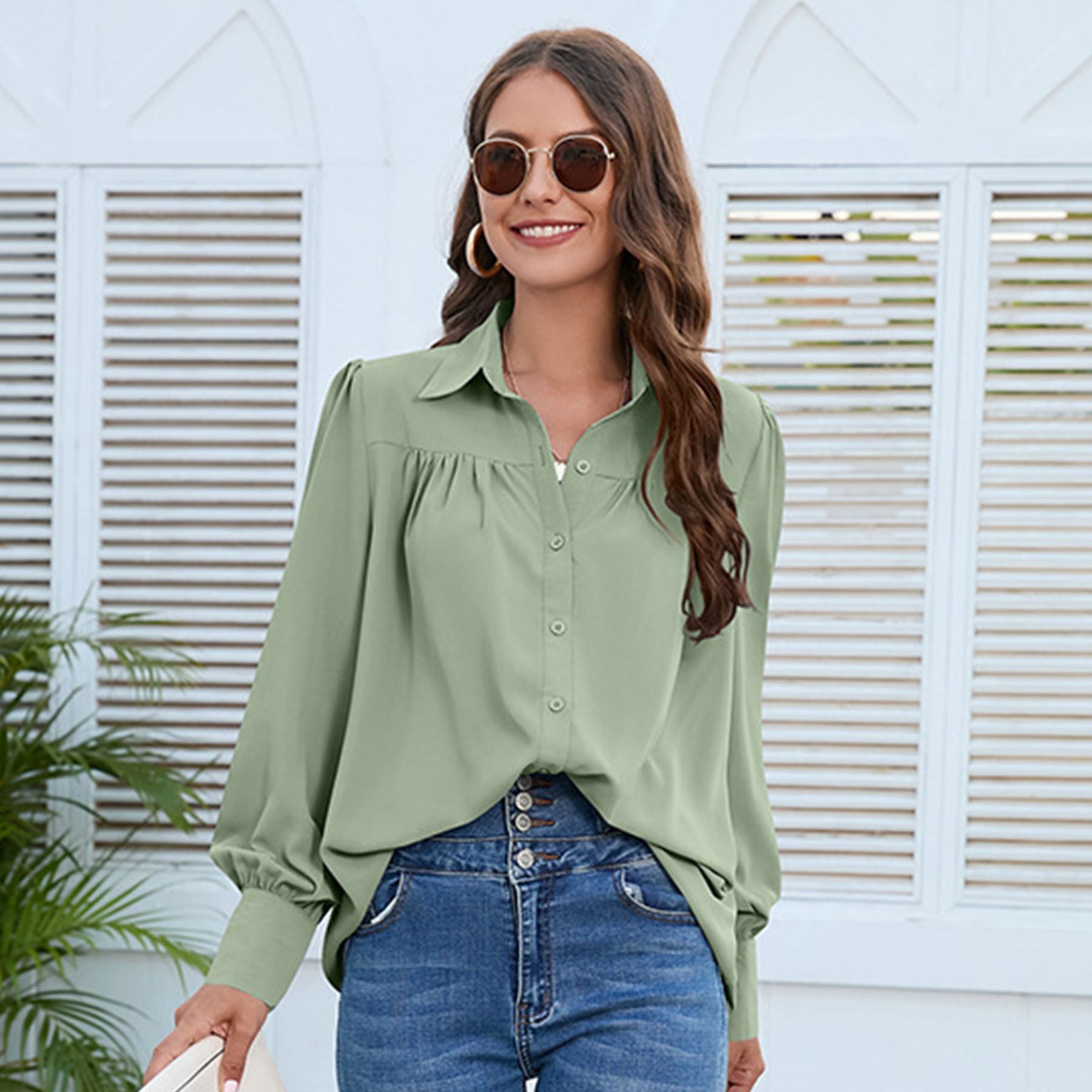 Women's Solid Color Simple Chiffon Pleated Long-sleeved Shirt