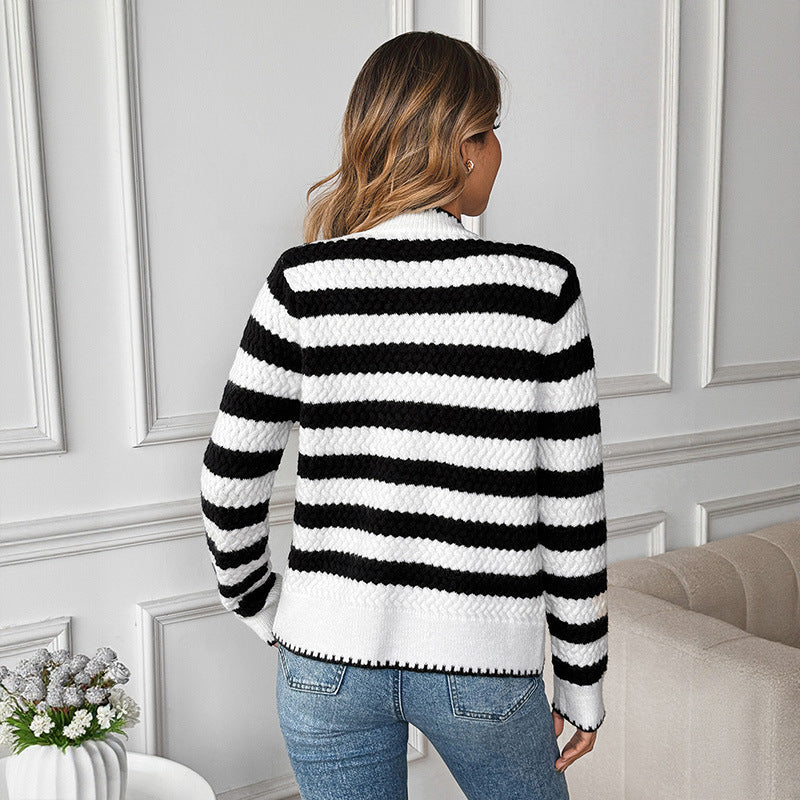 Black And White Stripes Long Sleeve Sweater Coat Women