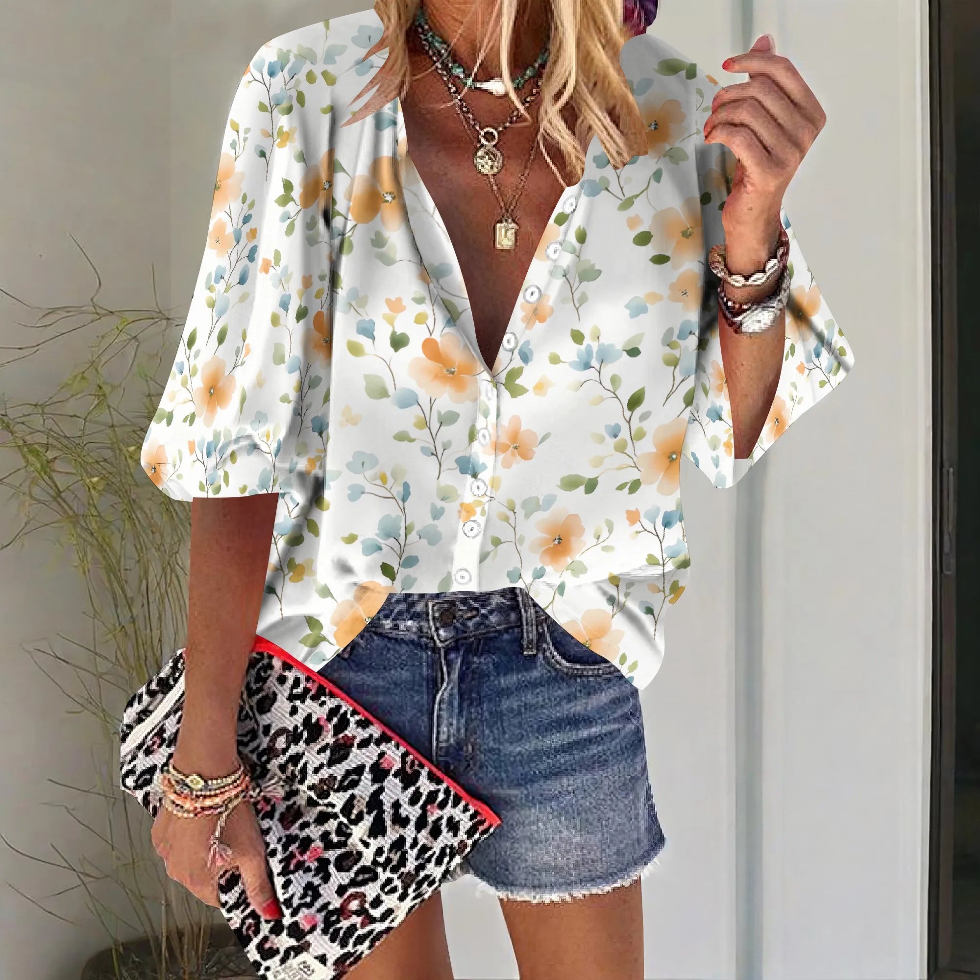 Womens Button Down Ditsy Floral Pattern Shirt Short Sleeve Classic Collared Flower Tops Work Office Casual Blouse