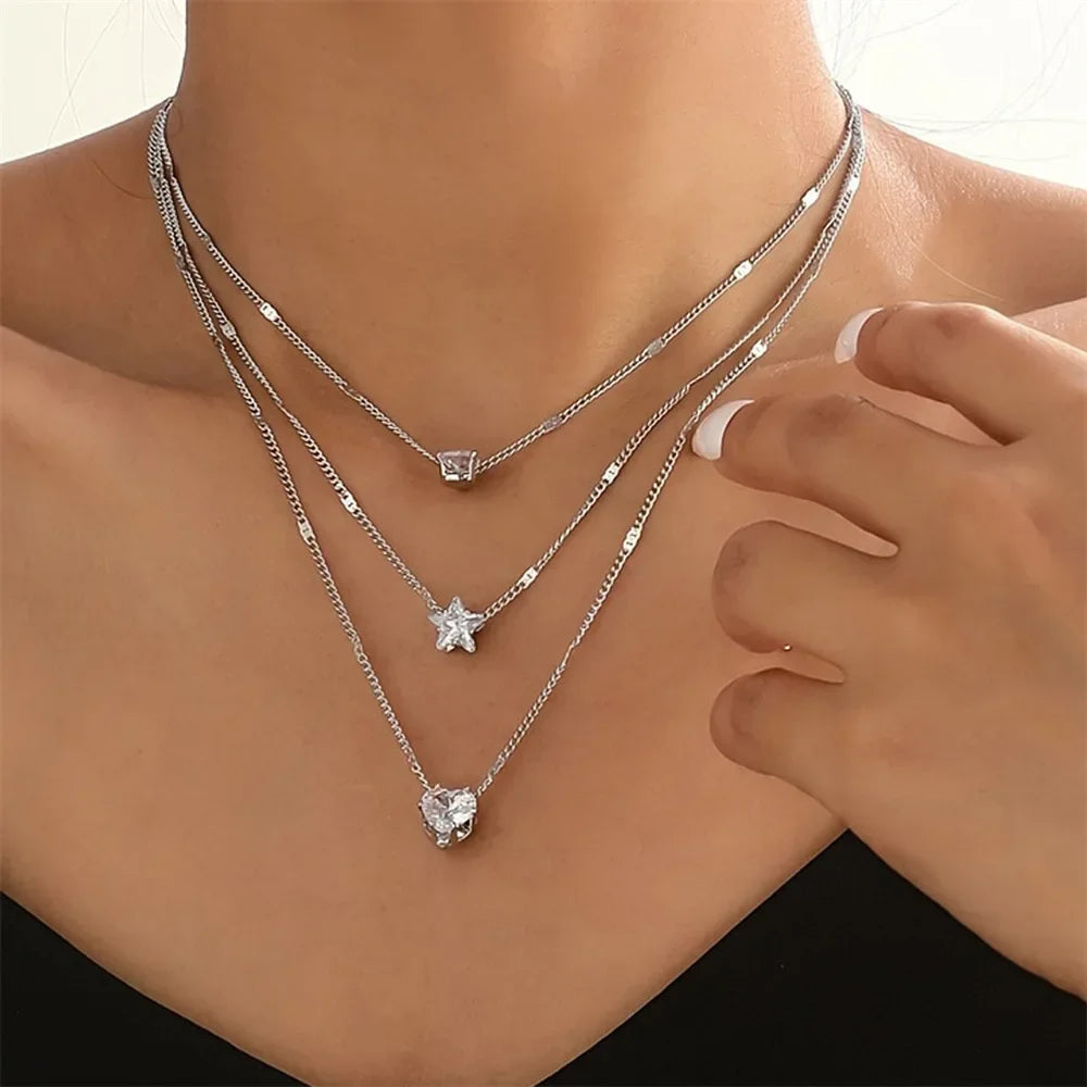 3Pcs/Set Vintage Rhinestone Heart Pendant Necklace Set for Women Multilayer Thin Chain Choker Bridal Jewelry