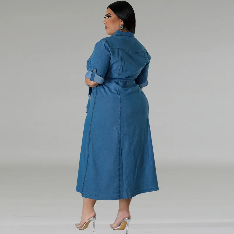 Street Trend Plus-size Women Denim Blouse Dress.New Spring and Summer Fashion Lapel Long-sleeved Single-breasted Dress with Belt