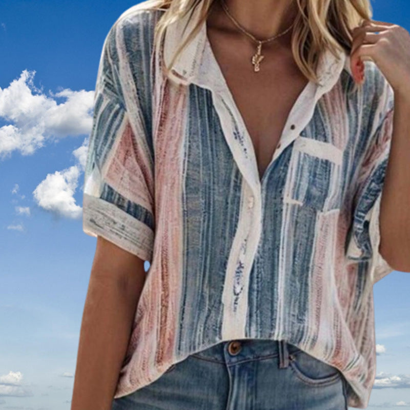 Women's Summer Temperament Contrast Color Striped Shirt