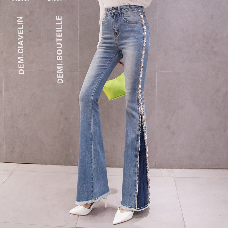 Embroidery Beaded Fashion Flared Pants High Waist Slimming Jeans Women