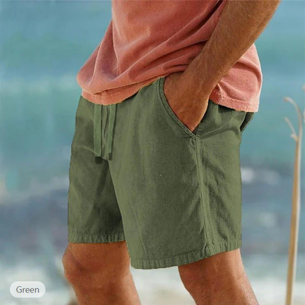 Cotton Linen Drawstring Elastic Waist Solid Color Breathable Bermuda Shorts