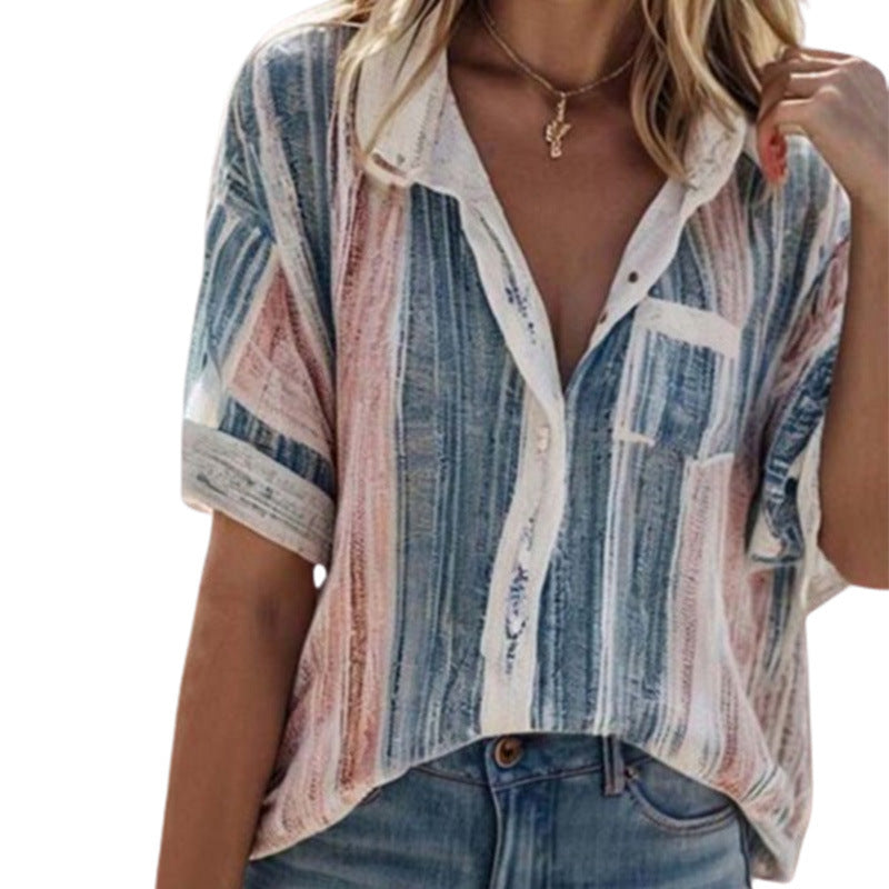 Women's Summer Temperament Contrast Color Striped Shirt