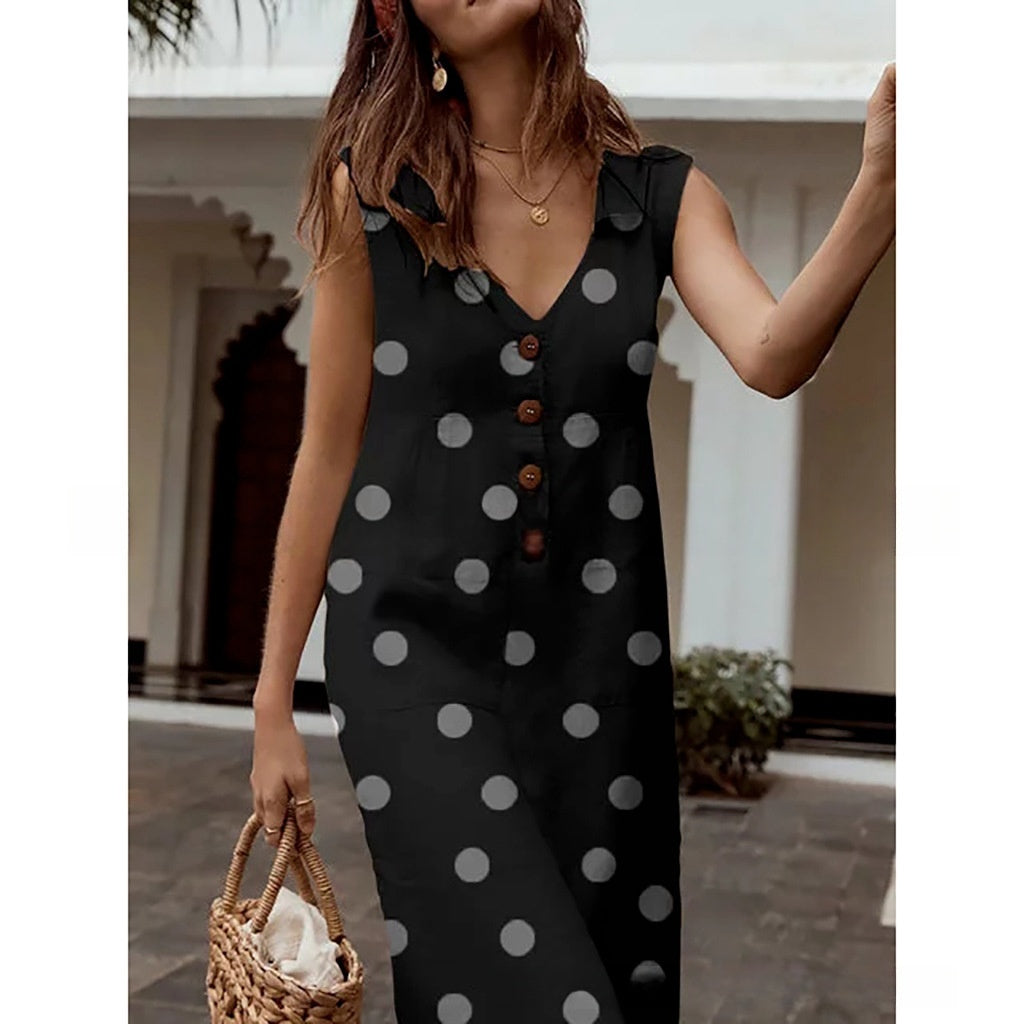 Women's Casual Polka Dot Print Button Lapel Dress