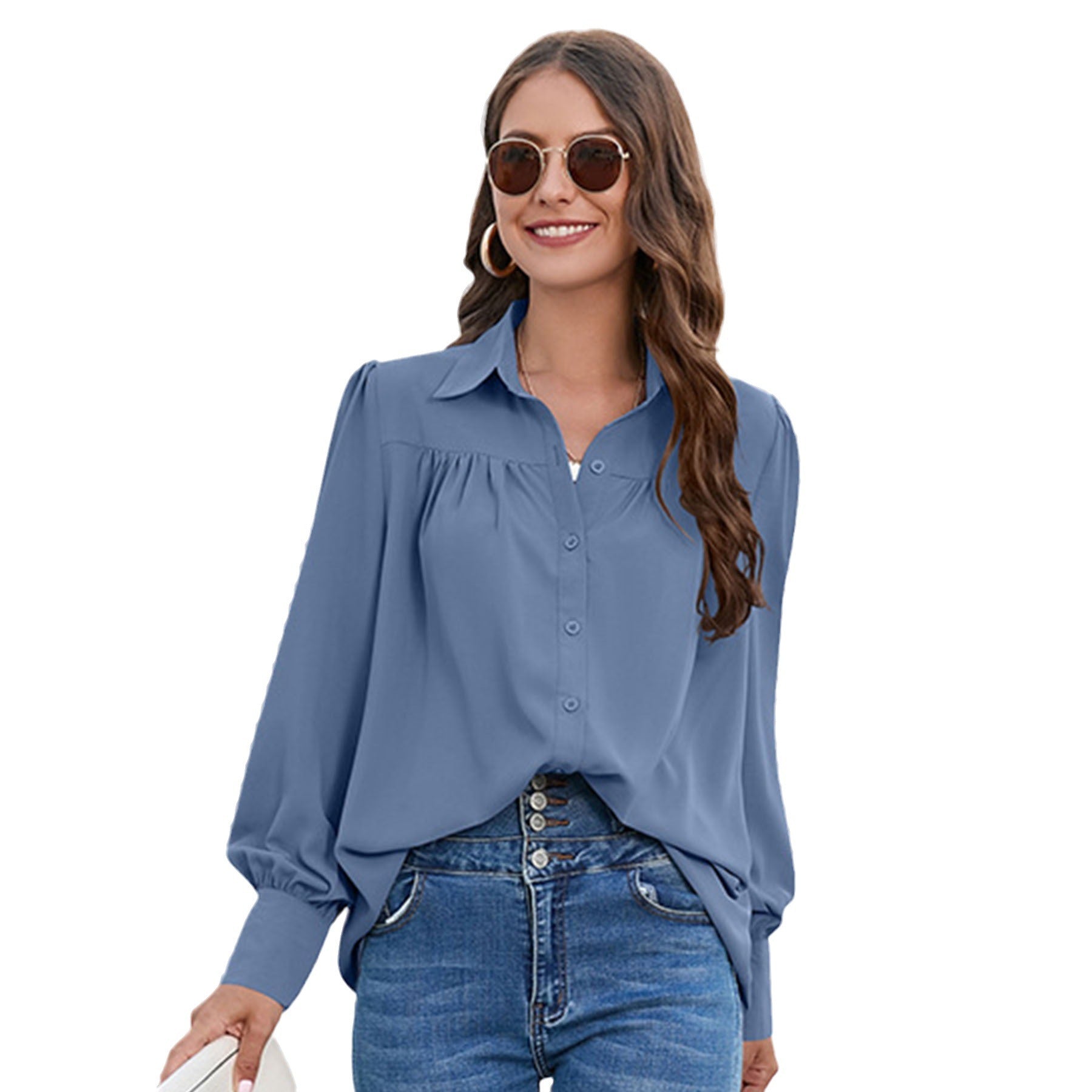 Women's Solid Color Simple Chiffon Pleated Long-sleeved Shirt