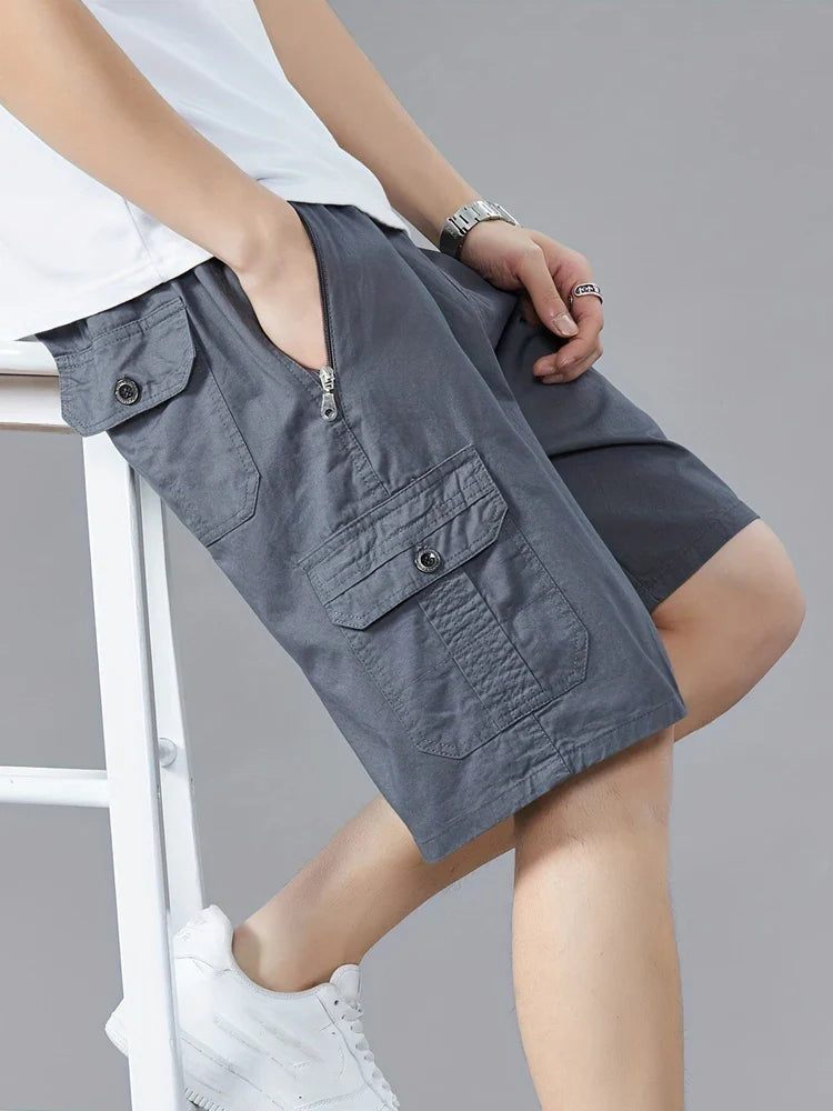 Cotton Cargo Shorts Man Casual Solid Elastic Waist Drawstring Shorts Summer Breathable Lightweight Outdoor Leisure Short Pants