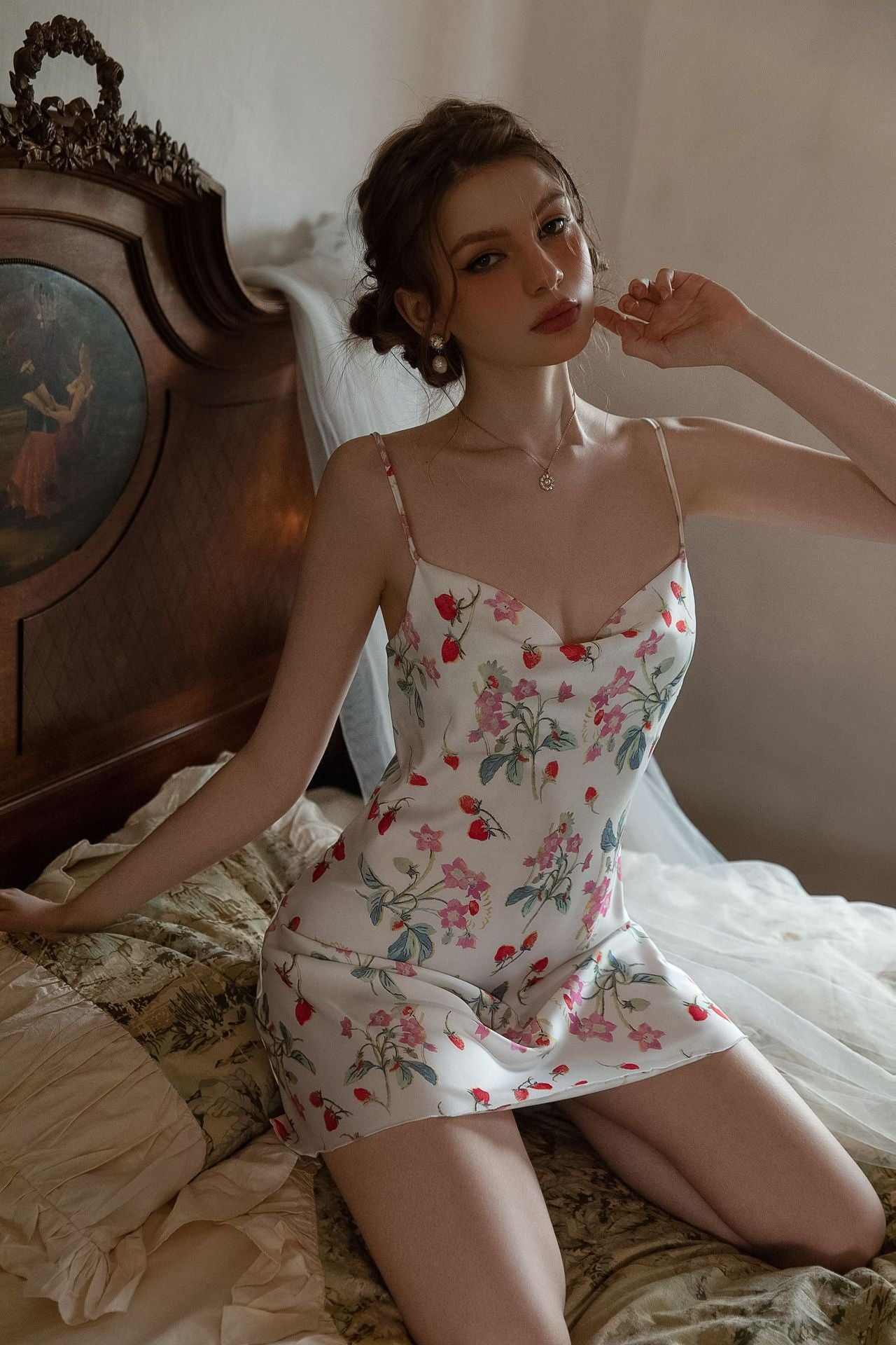 Women's Ice Silk Printed Imitation Silk Sling Sleeping Dress Thin Style