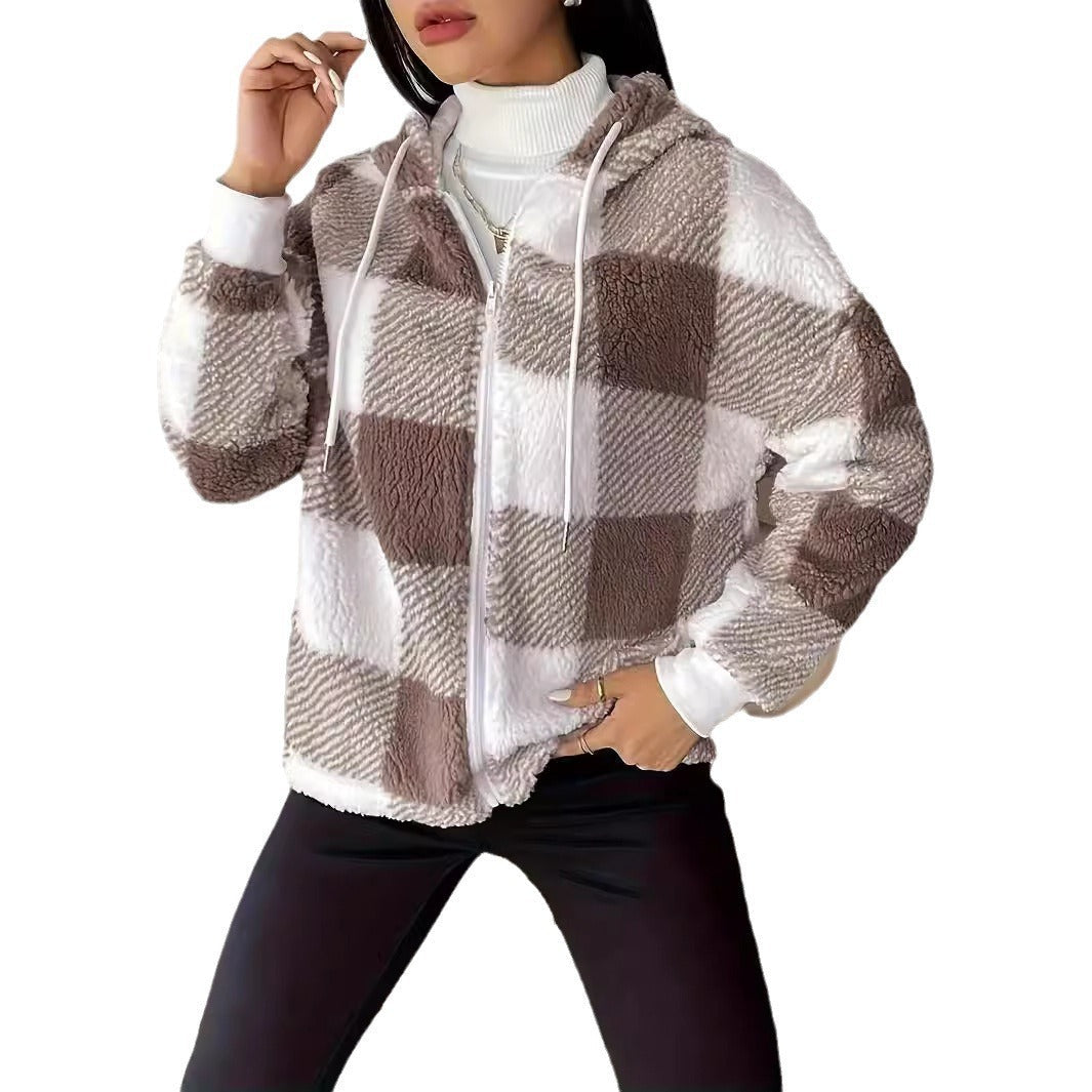 Elegant Plaid Loose Casual Long Sleeves Hooded