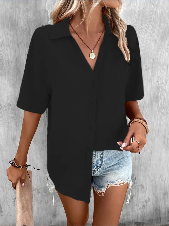 Temperament Pure Color V-neck Shirt Women's Top Short Sleeve