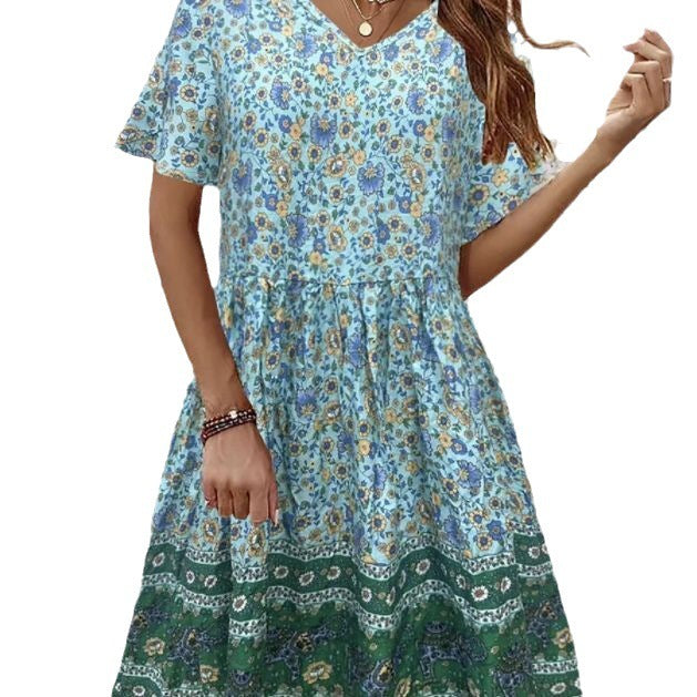 Summer V-neck Short-sleeved Printed Dress For Sleeping
