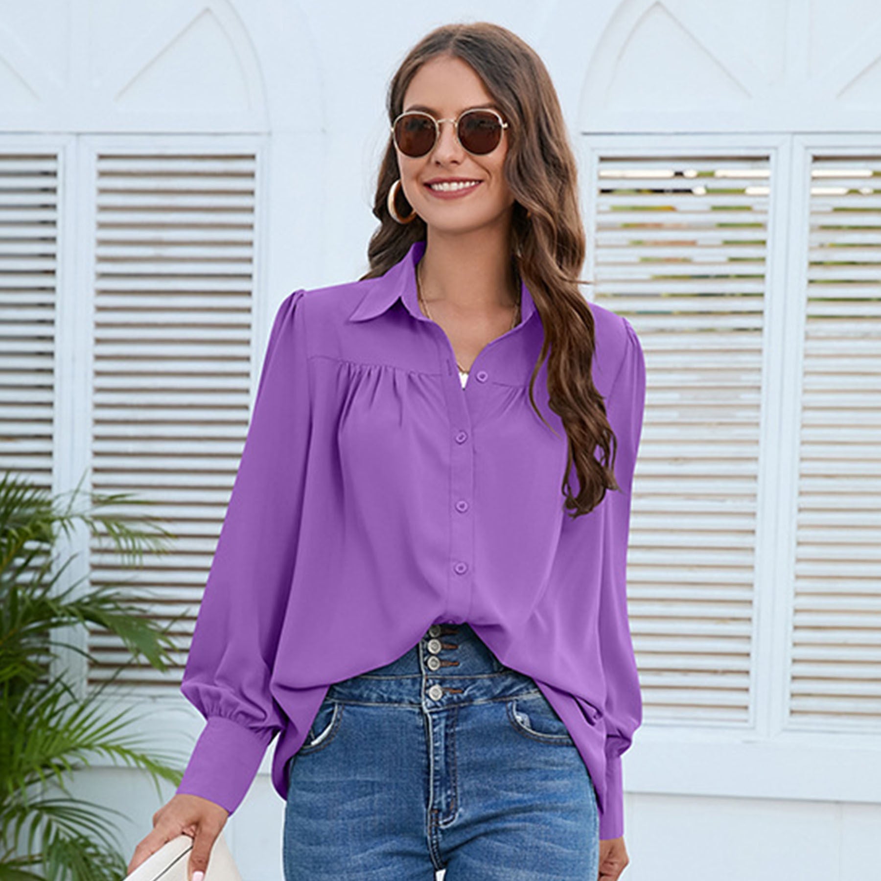 Women's Solid Color Simple Chiffon Pleated Long-sleeved Shirt