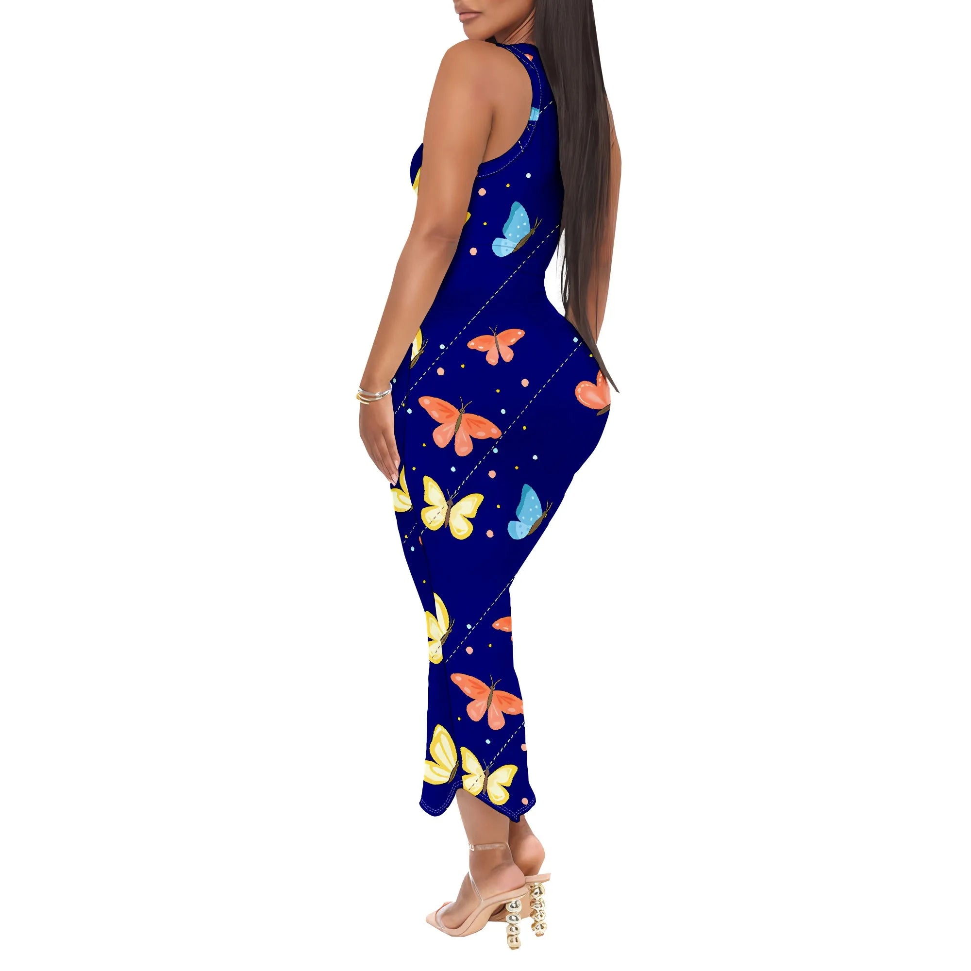 Women's 2025 spring and summer sleeveless knee length dress with hollowed out pullover, butterfly print beach casual dress