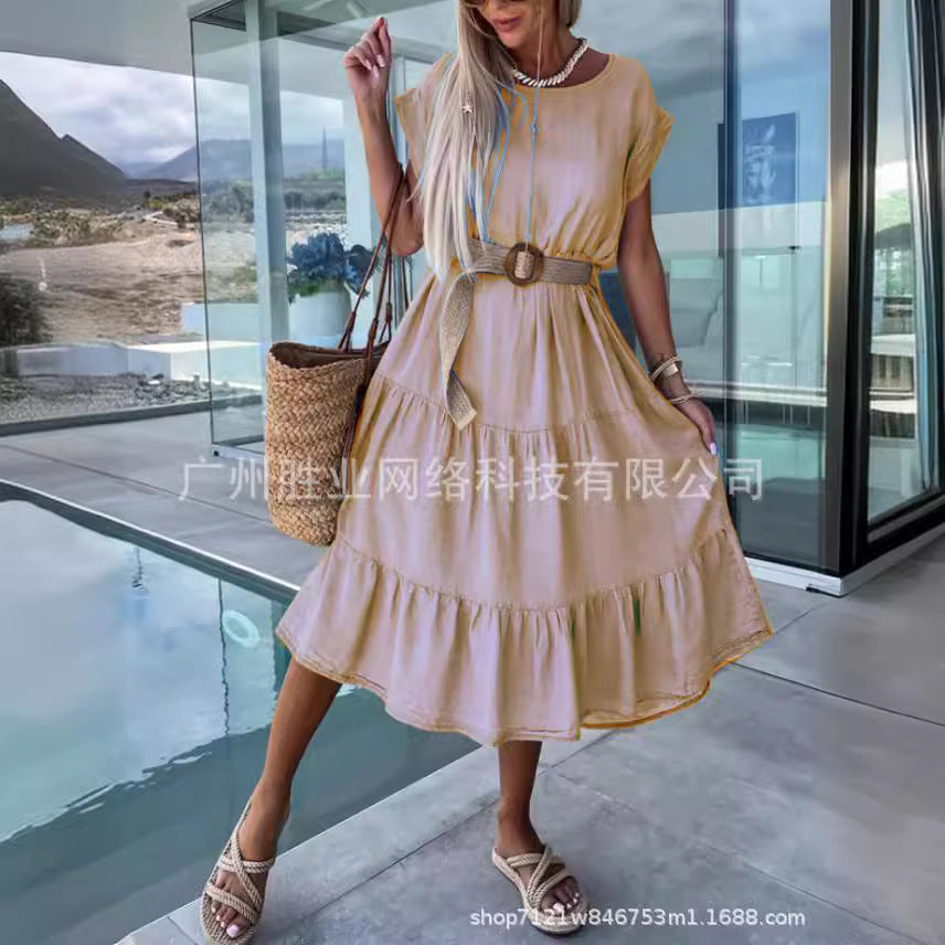 Women's Cotton Solid Color Multi-layer Hem Loose A- Line Dress