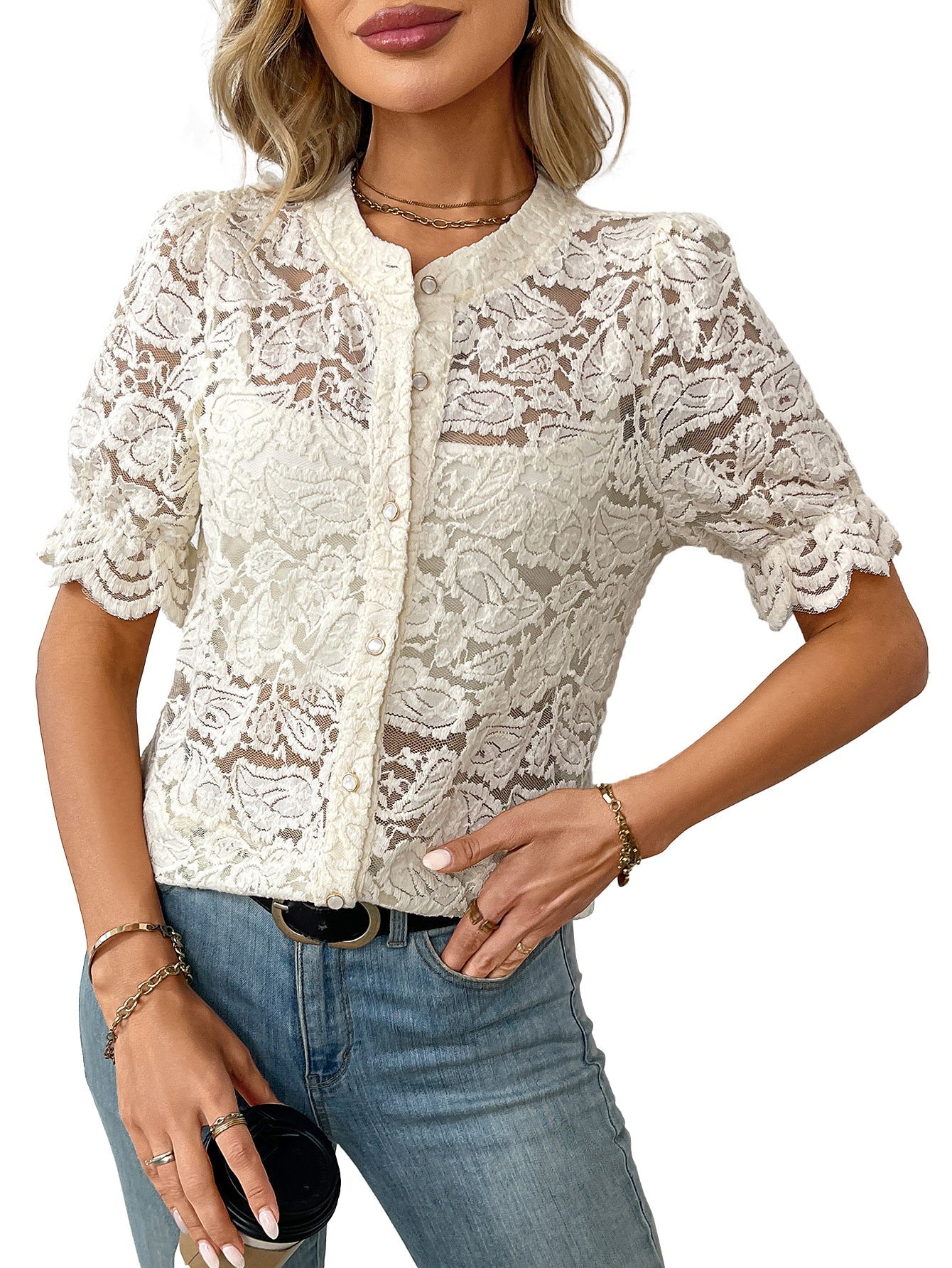 European And American Summer Lace Short Sleeve Casual Button Shirt