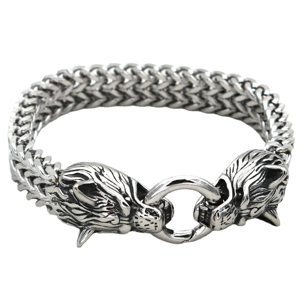 Stainless Steel Wolf Head Bracelet Titanium Steel Double Ring Bracelet For Men